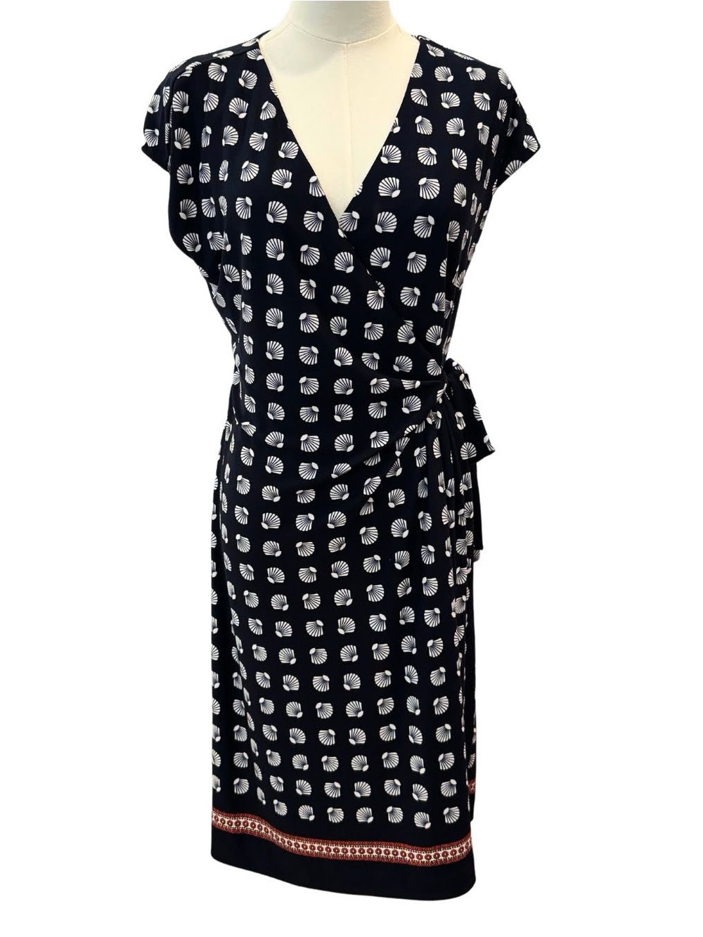 Ann Taylor Navy Wrap Midi Dress with White Shell Print